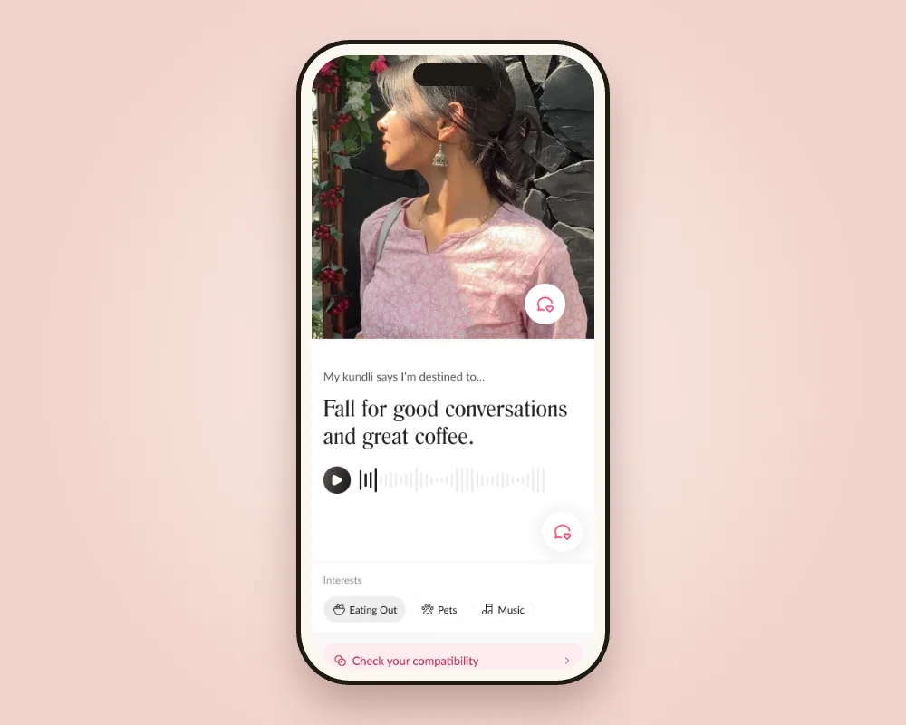 A Discover profile with prompts, a voice note and interests