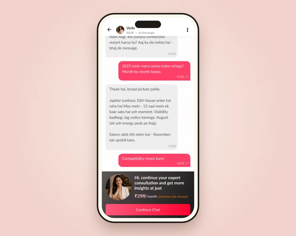 Veda chat in Hinglish with a paid-session prompt