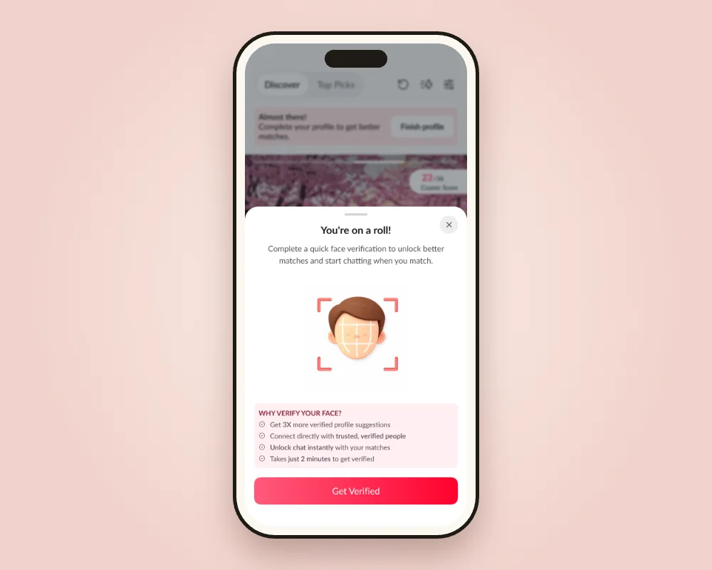 You're on a roll! sheet inviting a quick face verification after a few likes