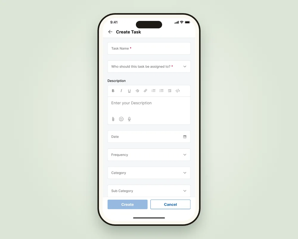 Create Task form with assignee, rich-text description, date, frequency and category