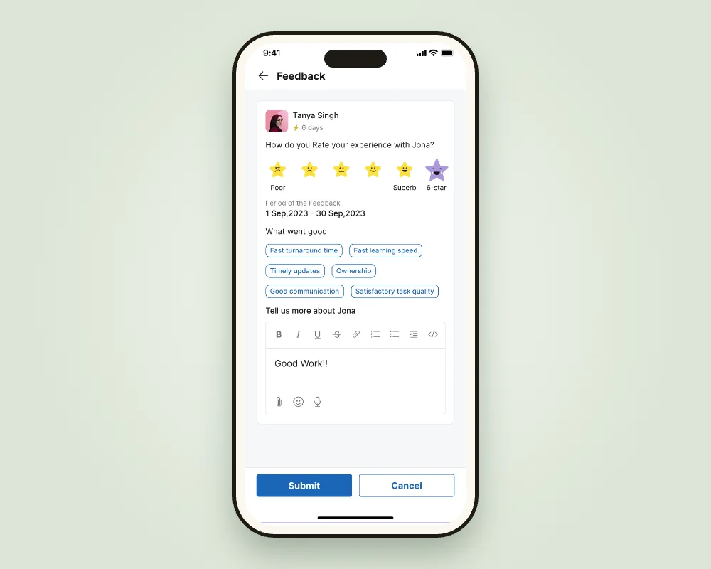 Feedback form with emoji star rating, a 6-star option and quick tags