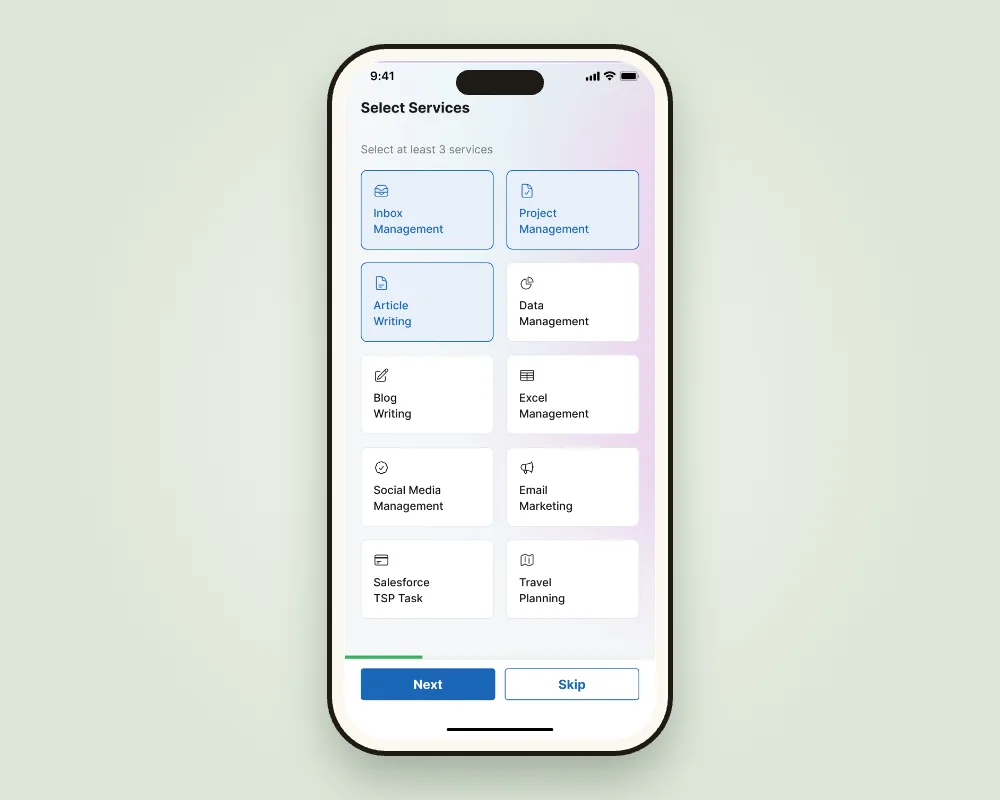 Select Services onboarding grid with inbox, project and data management options