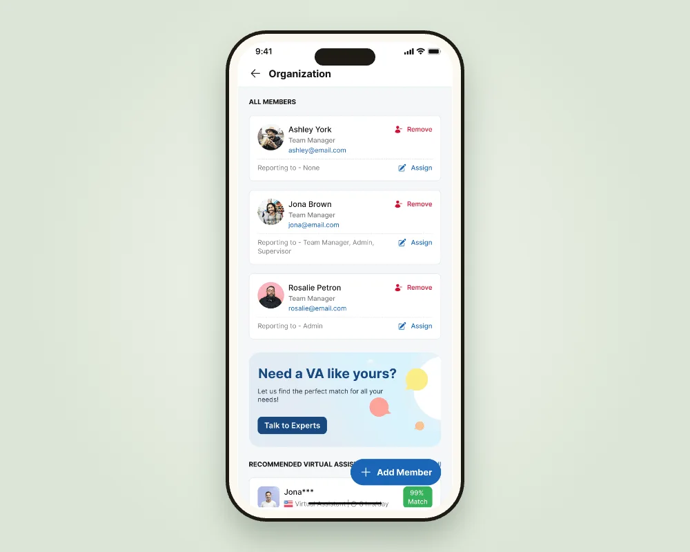 Organization screen listing members with roles, reporting lines and a Need a VA like yours card