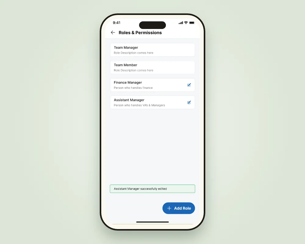 Roles and Permissions list with default and custom roles