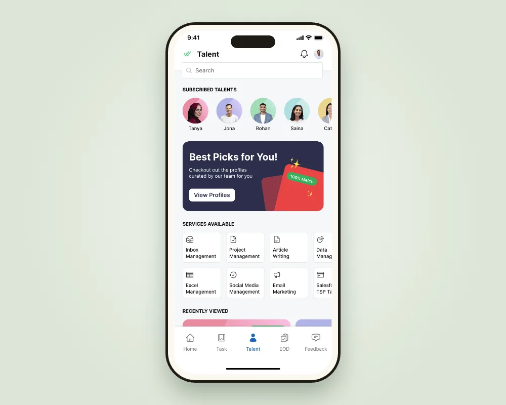 Talent tab with subscribed VAs, a Best Picks for You card and services